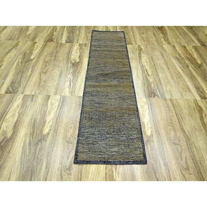 2'6"X8' Black & Brown Oxidized Grass Design Wool Hand Knotted Runner Rug