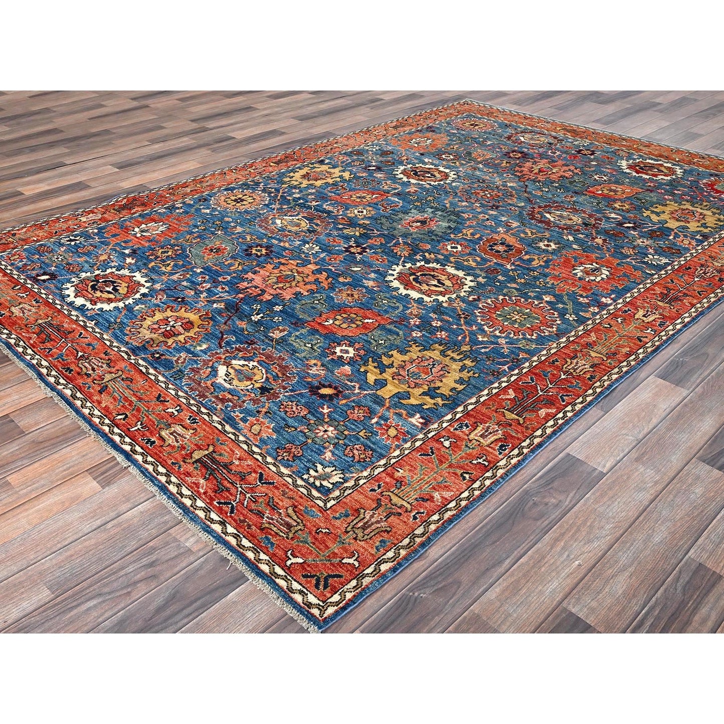 6'2"X9' Blue Aryana Grade All Over Design Pure Wool Hand Knotted Rug