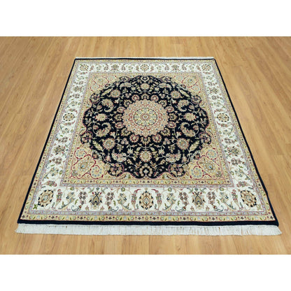 7'X7' Broncos Blue Nain Flower Design Soft Wool Hand Knotted Square Rug