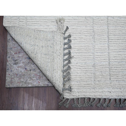 8'10"X12'2" White Moroccan Weave Line Design Hand Knotted Soft Wool Rug