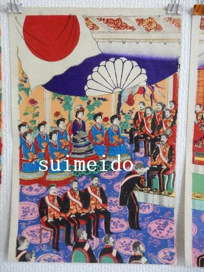 Japanese Woodblock Print Triptych Silver Wedding Ceremony by Hasegawa Chikuba