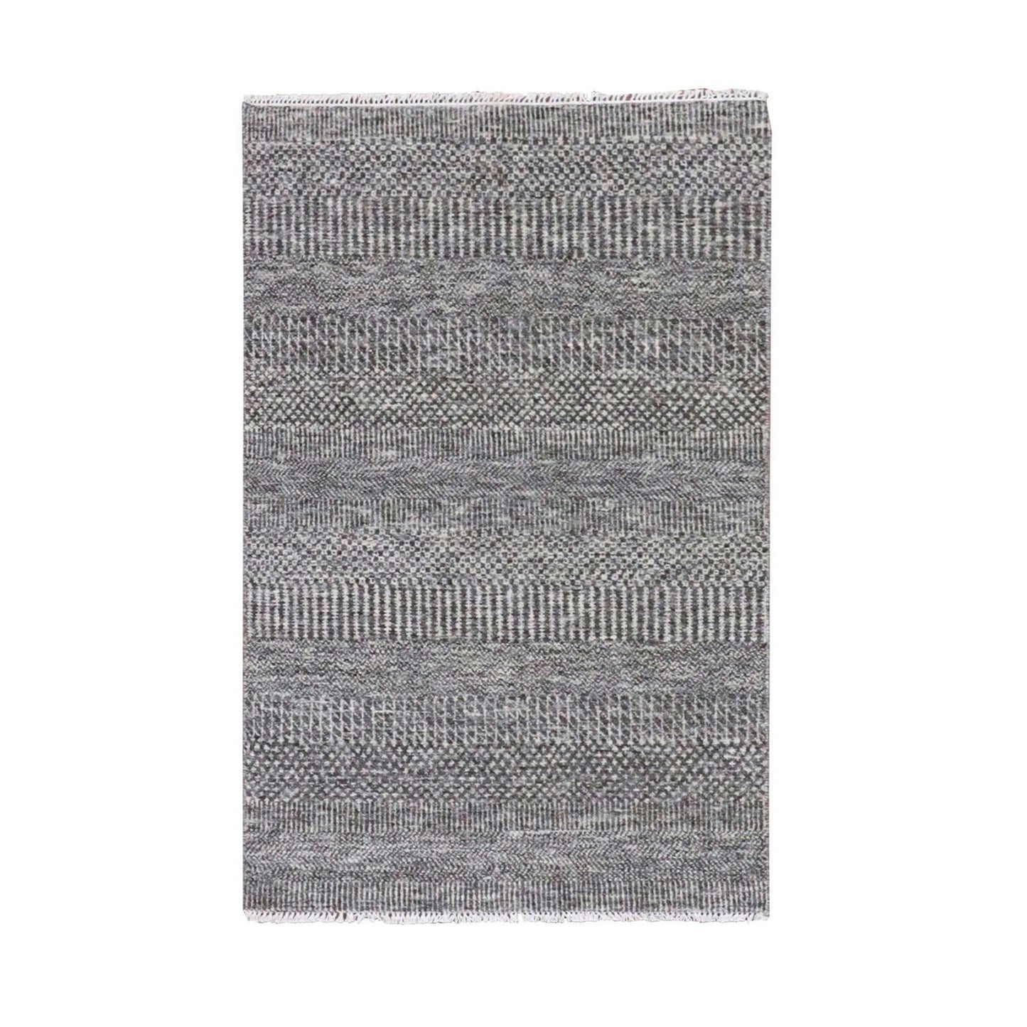 3'1"X5' Pebble Gray Undyed 100% Wool Modern Grass Design Hand Knotted Rug