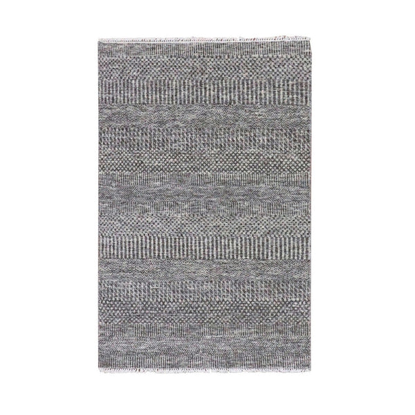 3'1"X5' Pebble Gray Undyed 100% Wool Modern Grass Design Hand Knotted Rug
