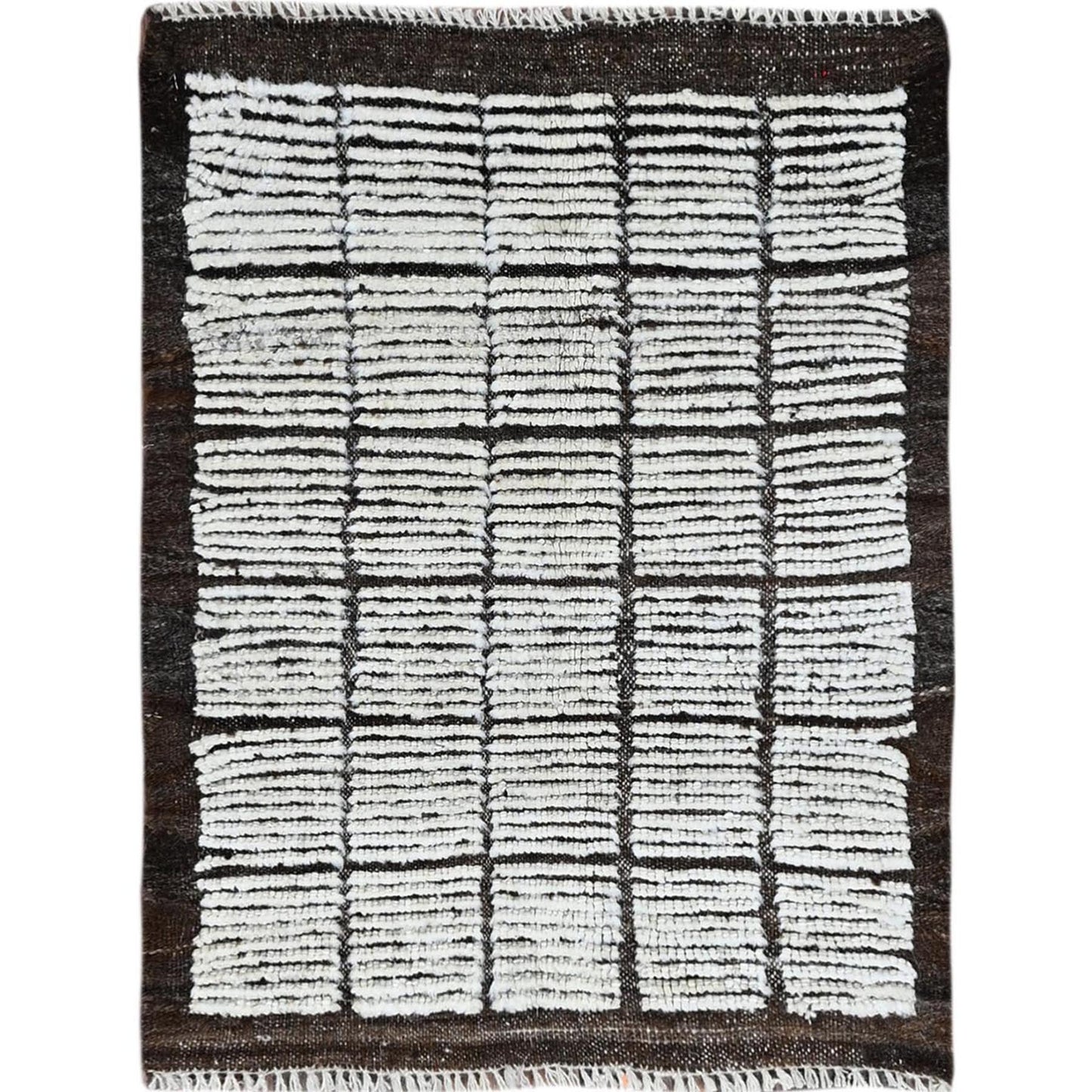 2'1"X2'8" White Moroccan Weave With Box Design Wool Hand Knotted Mat Rug