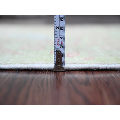 2'4"X7'9" Green Hand Knotted Afghan Peshawar Birds Design Wool Runner Rug