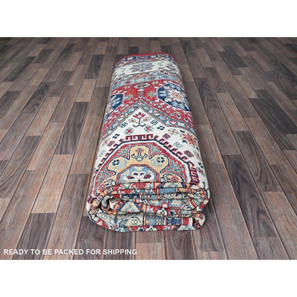 9'1"X11'9" Berry Red Kazak With Geometric Design Hand Knotted Soft Wool Rug