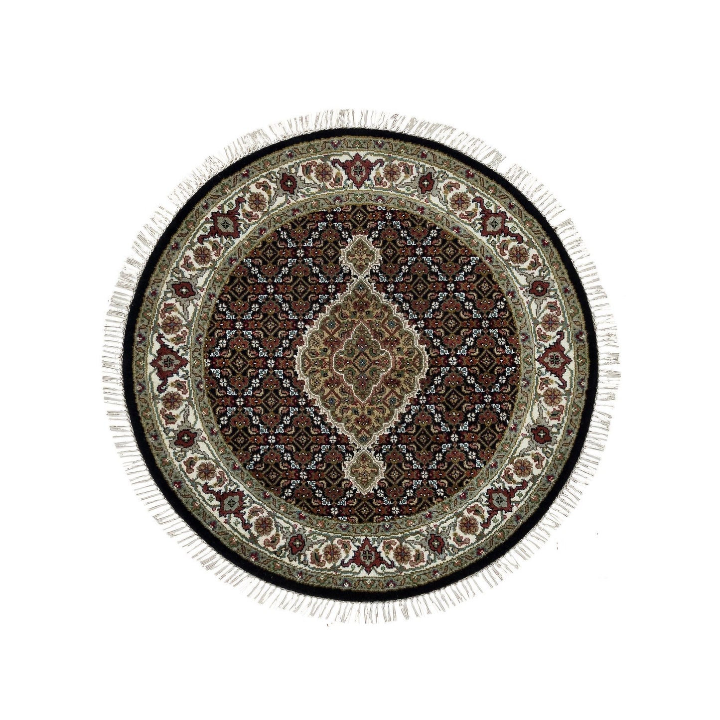 3'4"X3'4" Black 175 Kpsi Wool Hand Knotted Tebraz Round Oriental Rug
