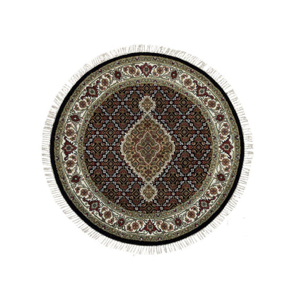 3'4"X3'4" Black 175 Kpsi Wool Hand Knotted Tebraz Round Oriental Rug