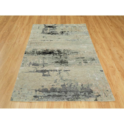 4'X6' Silver, Blue Wool And Silk Modern Abstract Design Hand Knotted Rug