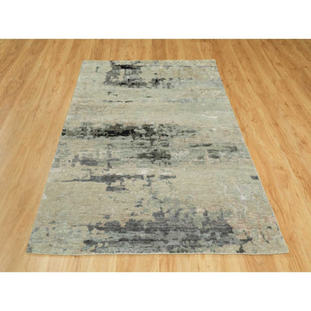 4'X6' Silver, Blue Wool And Silk Modern Abstract Design Hand Knotted Rug