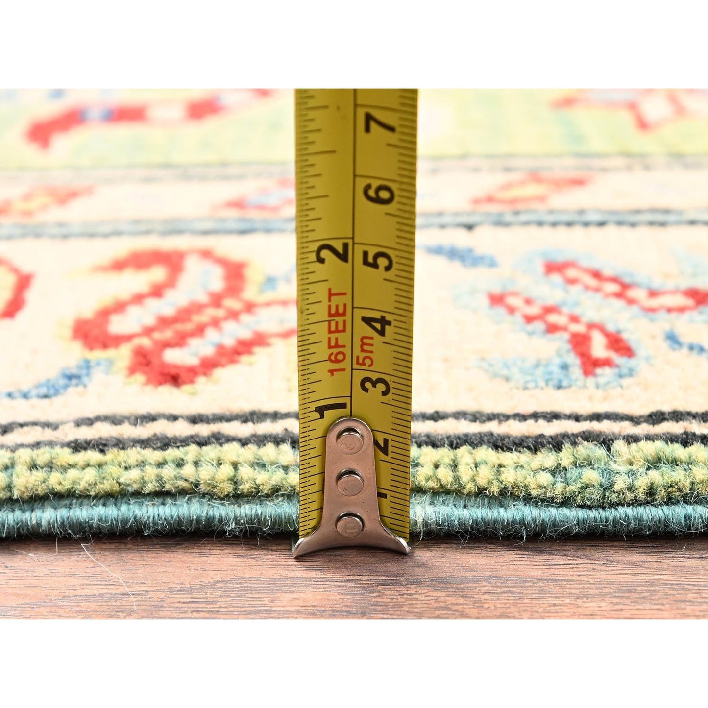 2'8"X12'7" Green Kazak With Geometric Design Hand Knotted Rug Wool Runner