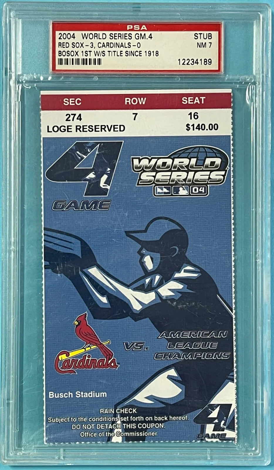 2004 World Series Game 4 Ticket Stub Red Sox Vs. Cardinals Psa Nm7
