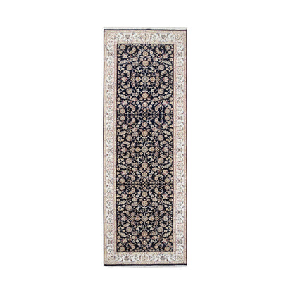 2'8"X9'10" Midnight Blue Pure Wool Hand Knotted Nain Fine Runner Rug