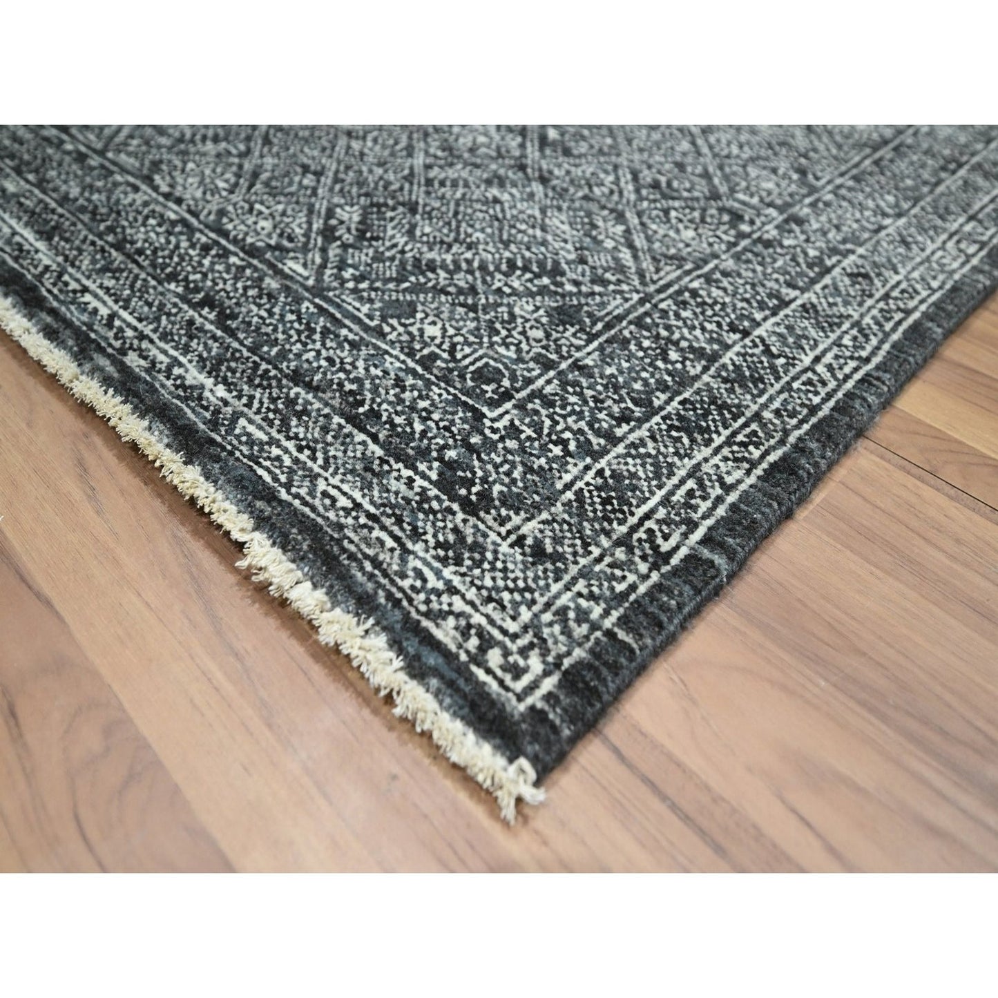 8'2"x10'2" Black Wool and Silk Intricate Star Design Hand Knotted Rug
