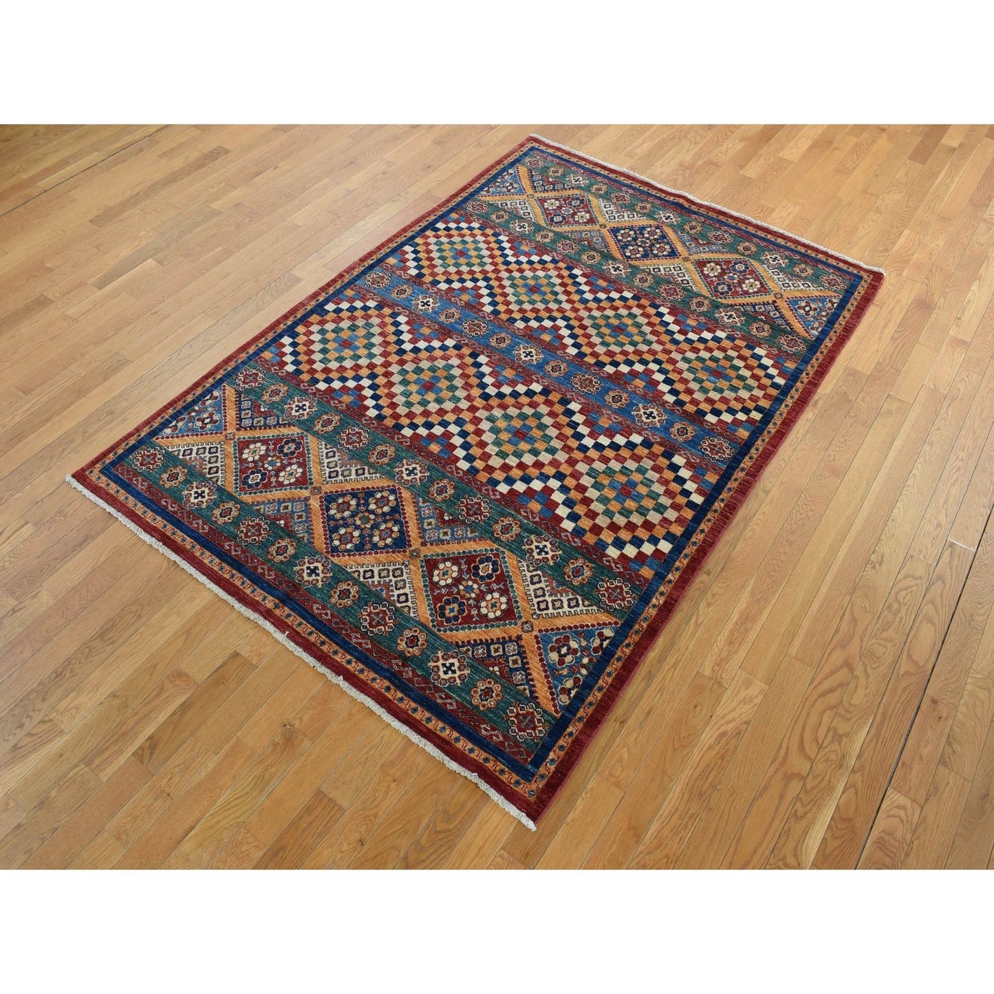 5'7"X8' Green Super Kazak Khorjin Design Hand Knotted Pure Wool Rug
