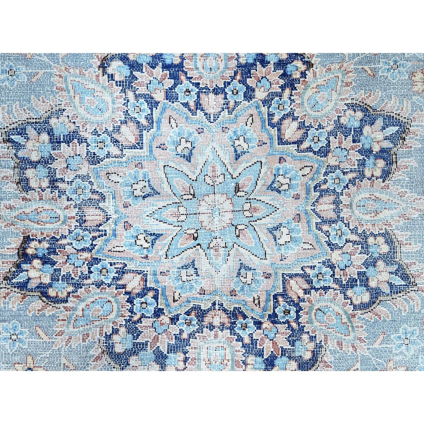 10'X12'9" Blue Worn Down Shiny Wool Cropped Thin Cleaned Oriental Rug