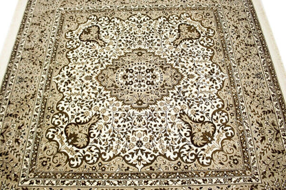 Hand-Knotted Cream Kirman Square Rug Oriental