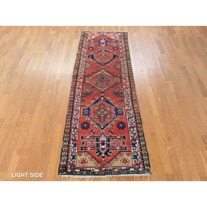 3'2"X10' Red Vintage Zoroastrian Heris Pure Wool Hand Knotted Runner Rug