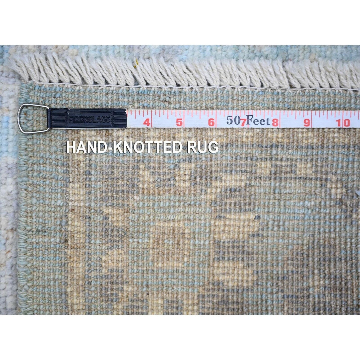 4'X10'1" Cerulean Blue Hand Knotted Afghan Angora Oushak Wool Runner Rug