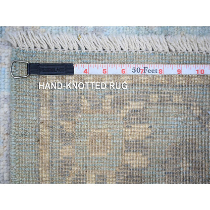 4'X10'1" Cerulean Blue Hand Knotted Afghan Angora Oushak Wool Runner Rug