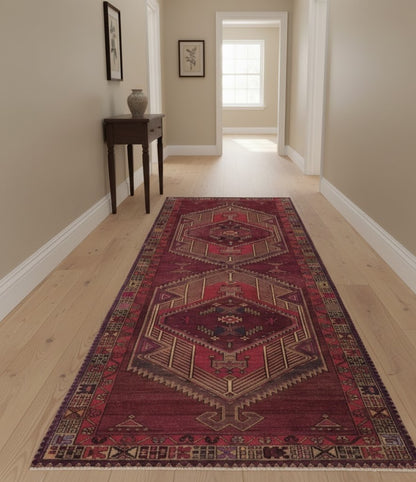 Oriental runner rug geometric tribal style carpet handmade vintage wool 4x11