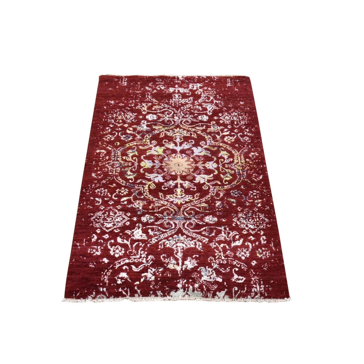 3'X5'1" Currant Red Floral Design Wool And Silk Hand Knotted Oriental Rug