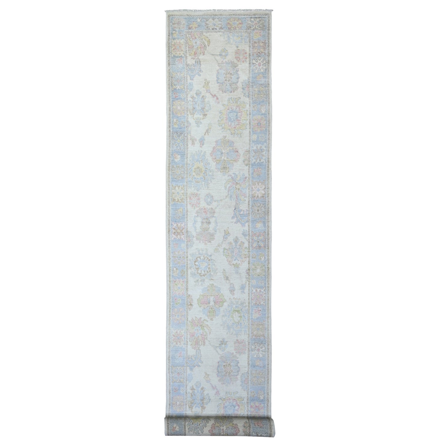 2'8"X19'1" Ivory Wool Hand Knotted Afghan Angora Oushak Xl Runner Rug