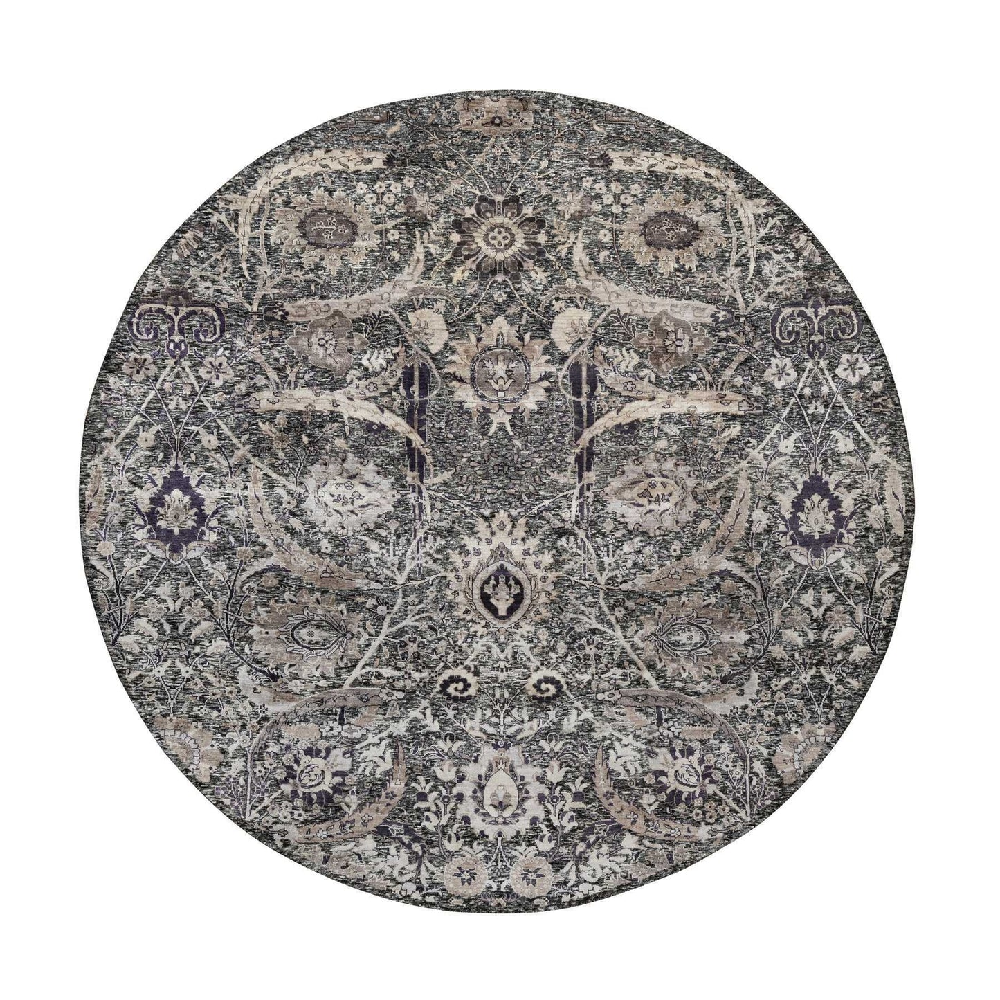 10'X10' Brown Wool And Silk Hand Knotted Sickle Leaf Round Oriental Rug