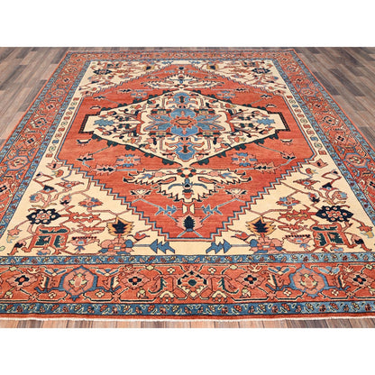 Rug 8'3"x9'10" Orange Peshawar with Serapi Heriz Design Wool Hand Knotted