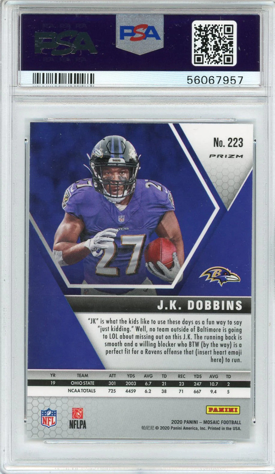 Jk Dobbins 2020 Panini Mosaic Prizm Mosaic Rookie Card #223 (Psa)