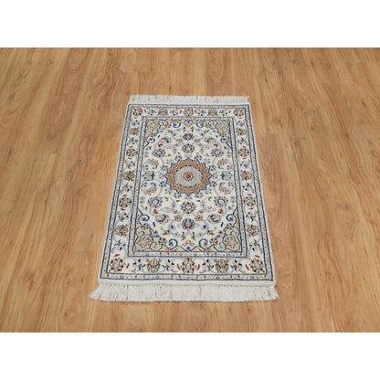 2'X3'1" Ivory Nain With Flower Design Hand Knotted Wool And Silk Mat Rug