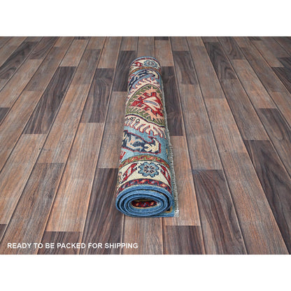 2'8"X4' Blue Kazak Geometric Design Hand Knotted Soft Wool Mat Sample Rug