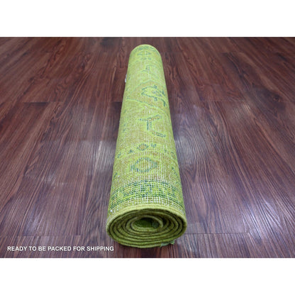 2'1"X5'9" Green Overdyed Kazak Tribal Design Hand Knotted Wool Runner Rug