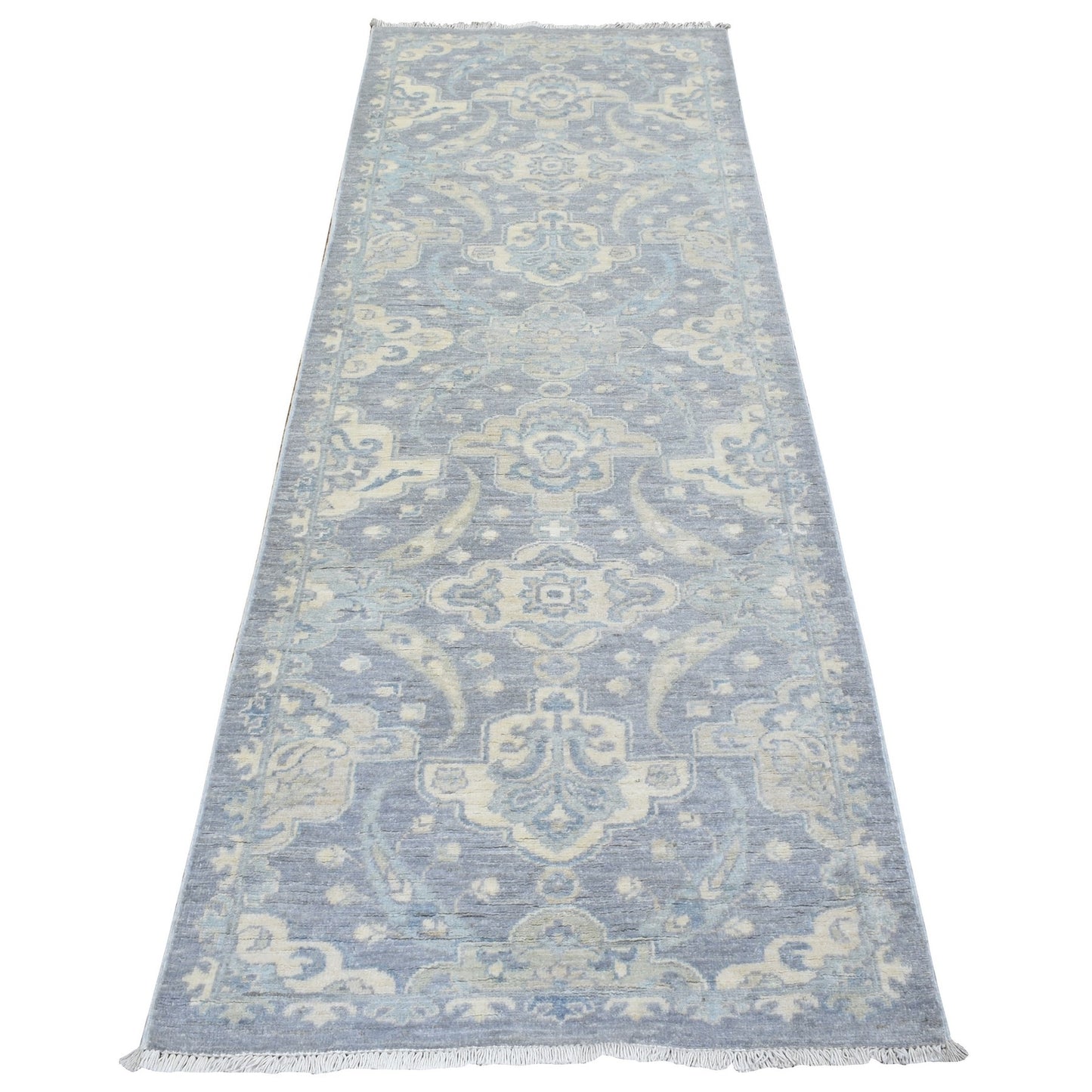 2'8"X7'7" Light Gray, Fine Peshawar, Soft Wool Hand Knotted, Runner Rug
