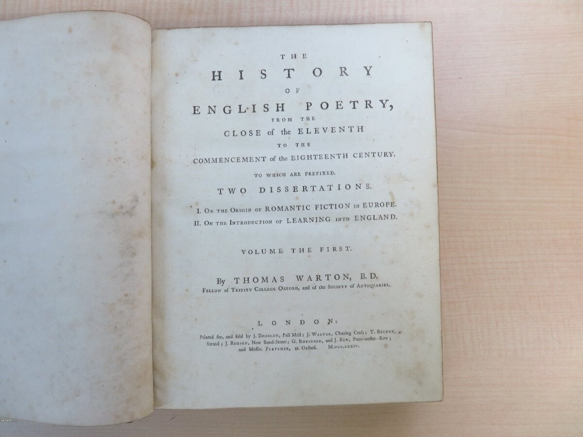 The History Of English Poetry By Thomas Warton - First Edition - 1774-1781 3Vol