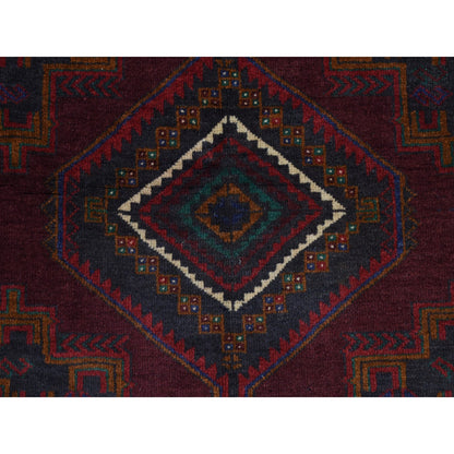3'10"X7' Red Afghan Balooch Geometric Design Pure Wool Hand Knotted Rug