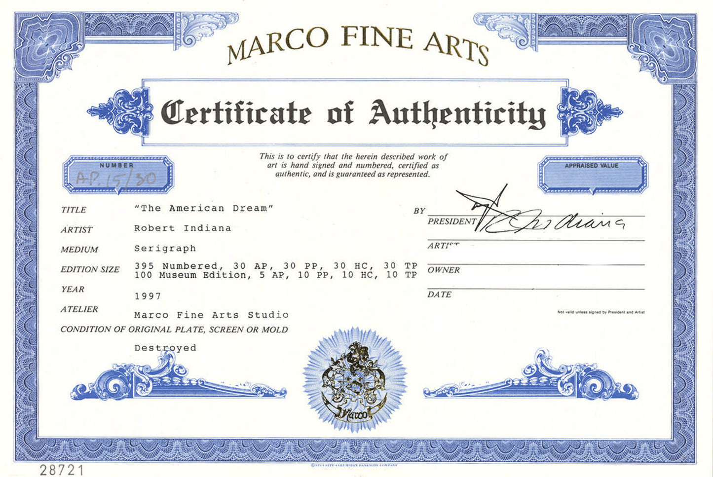 Yello ROBERT INDIANA The Wall 22" x 17" Serigraph 1997 Pop Art Black Blue Red