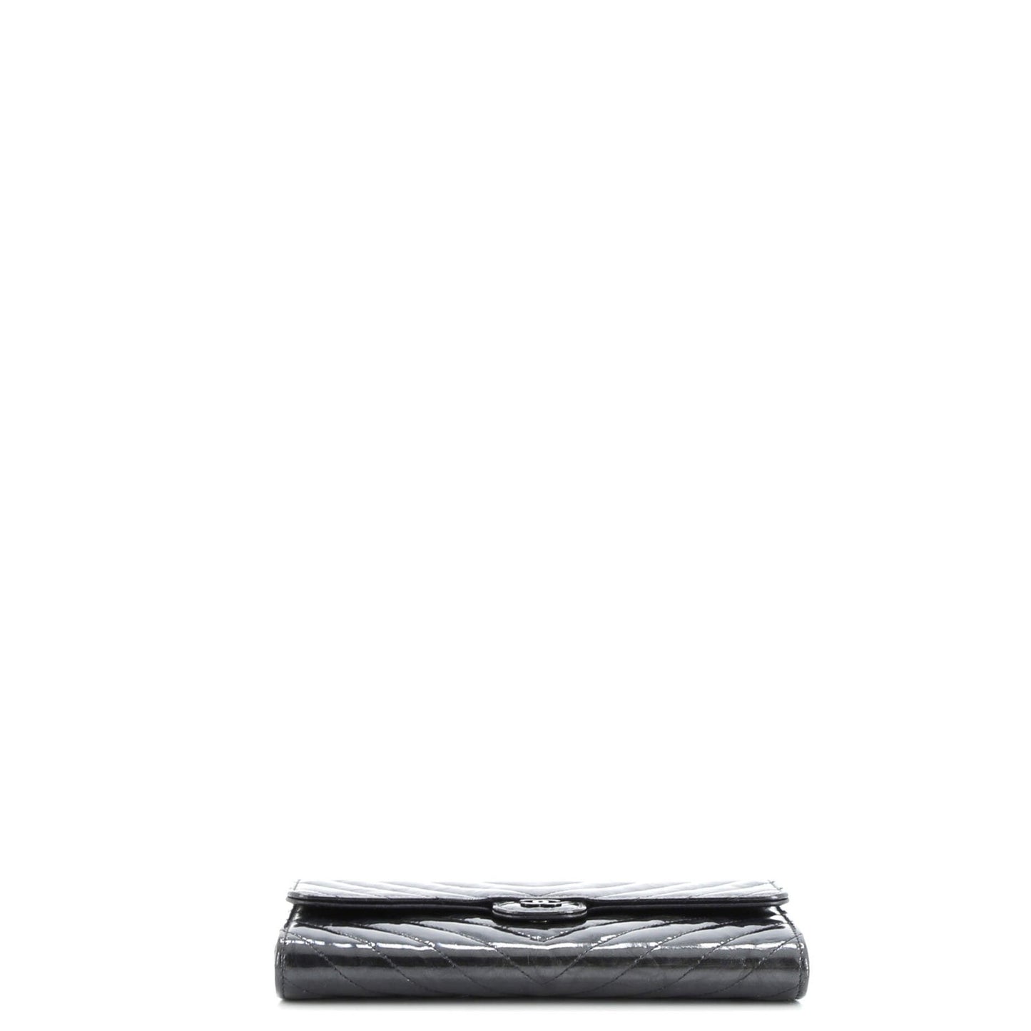Chanel So Black Cc Gusset Classic Flap Wallet Chevron Crumpled Metallic Patent