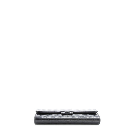 Chanel So Black Cc Gusset Classic Flap Wallet Chevron Crumpled Metallic Patent
