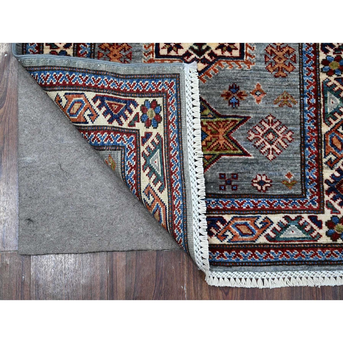 2'5"X6'10" Gray Hand Knotted Super Kazak Medallions Wool Oriental Rug