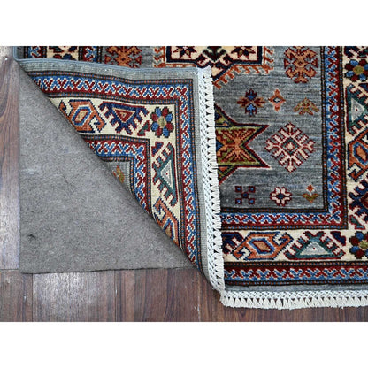 2'5"X6'10" Gray Hand Knotted Super Kazak Medallions Wool Oriental Rug