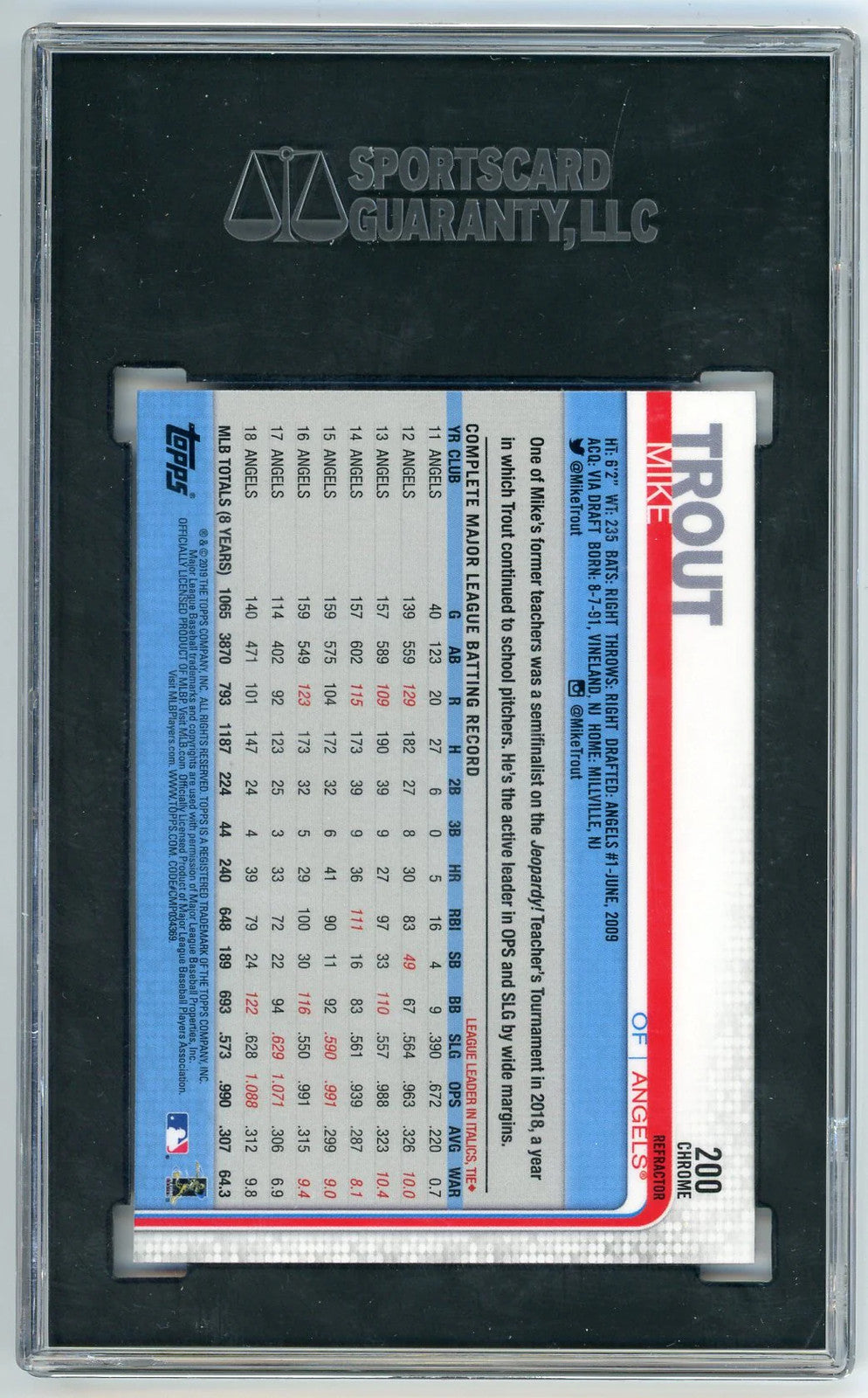 Mike Trout 2019 Topps Chrome Pink Refractor #200 Sgc Mt 9.5