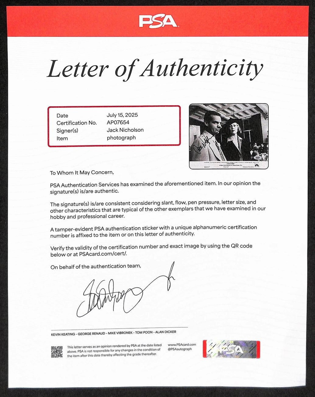 Jack Nicholson Signed/Auto 8X10 Publicity Photo Chinatown Psa/Dna Loa 199525