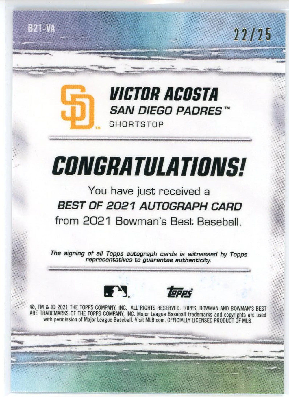 Victor Acosta Autographed 2021 Bowman'S Best Refractor Card #B21-Va