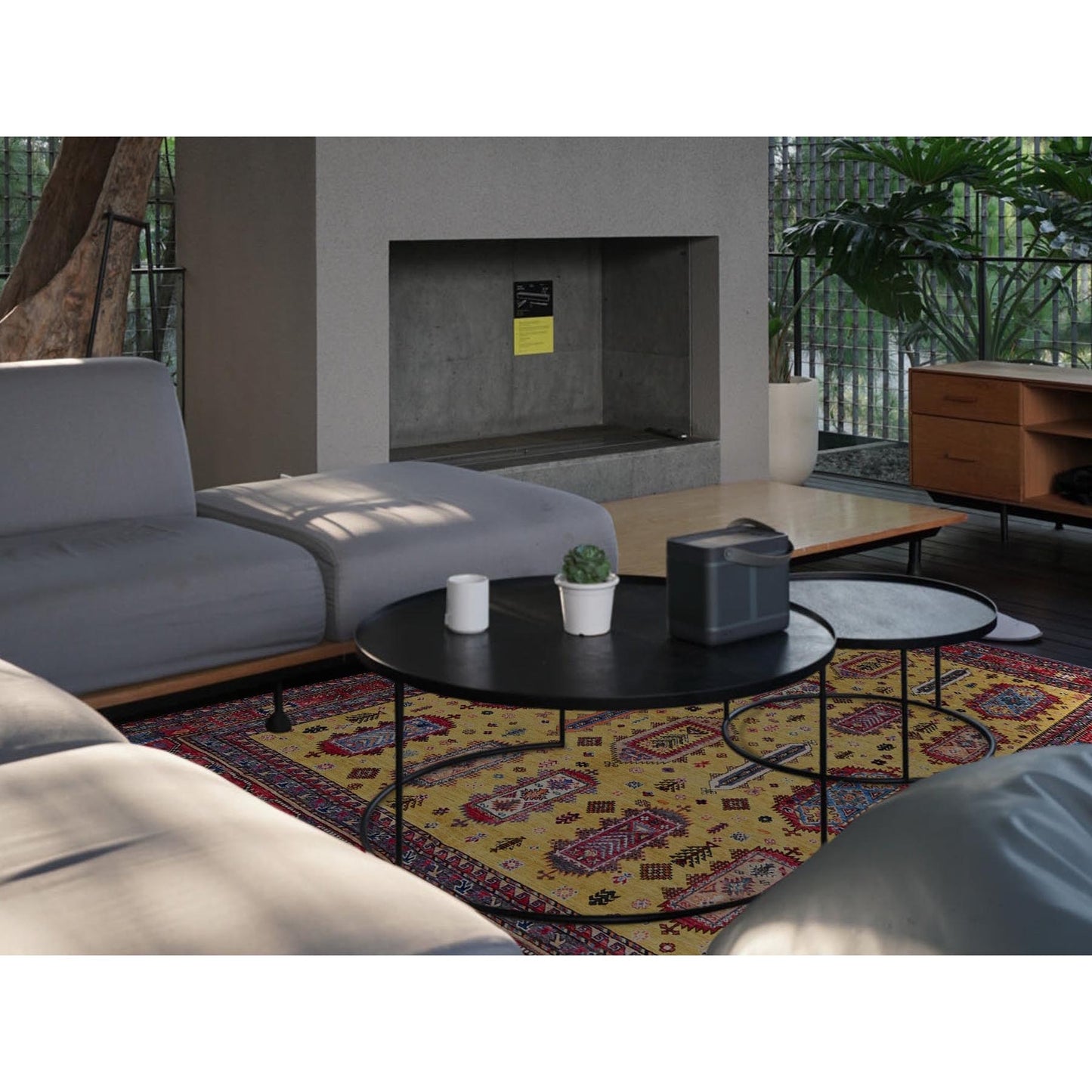 Soft Wool Hand-Knotted Afghan Rug in Yellow with Caucasian Design (8'3"x9'8")