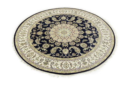 7X7 Ft Round Indo-Nain Oriental Rug Handmade Dark