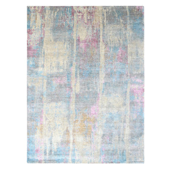 9'X12' Pastel Yellow Abstract Design Wool And Silk Shiny Hand Knotted Rug