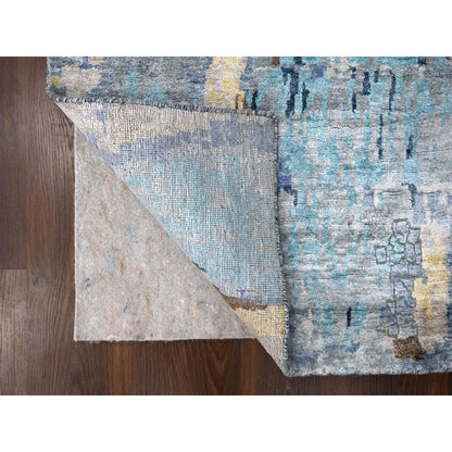 2'7"X15'9" Blue Wool And Silk Modern Mosaic Hand Knotted Xl Runner Rug