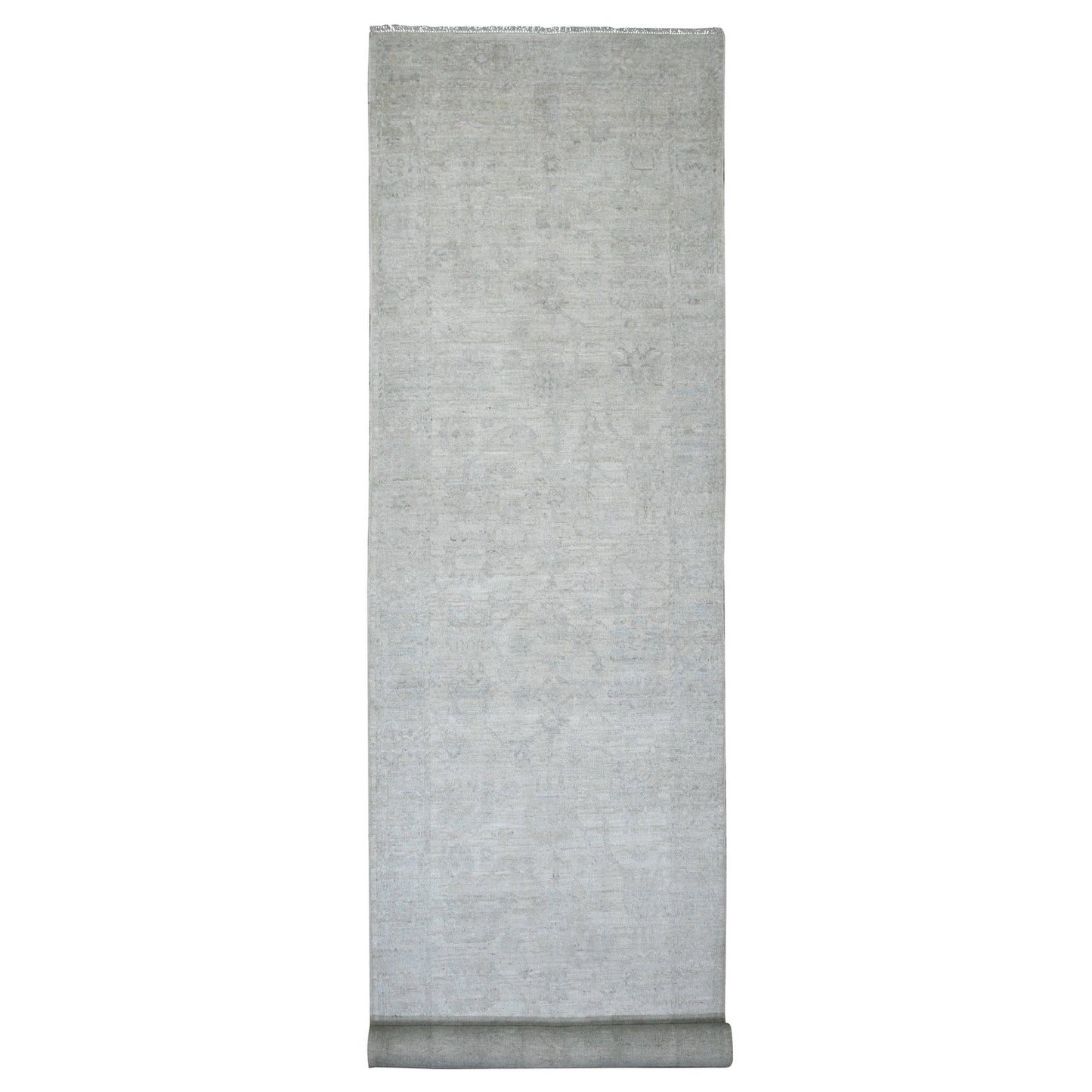 4'1"X19'8" White Afghan Angora Leaf Design Hand Knotted Wool Runner Rug