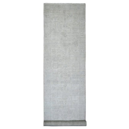 4'1"X19'8" White Afghan Angora Leaf Design Hand Knotted Wool Runner Rug